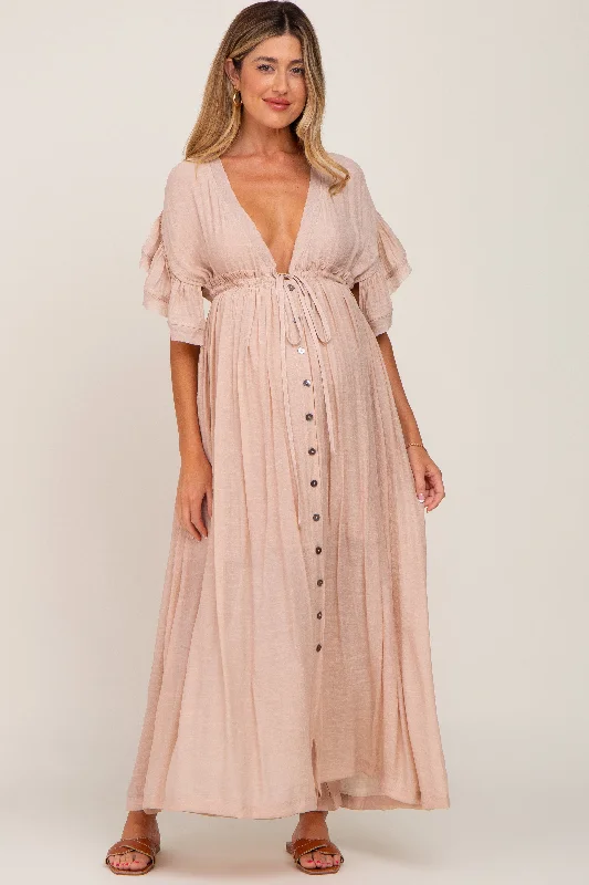 "Maxi dresses for women to wear in the fall"Light Pink Deep V-Neck Button Down Maternity Maxi Dress "Maxi dresses for women to wear in the fall"Light Pink Deep V-Neck Button Down Maternity Maxi Dress