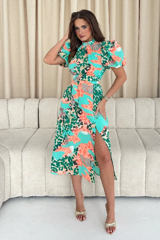 High - low hem midi dress for a modern and stylish lookLilith Puff Sleeve High Neck Midi Dress Green