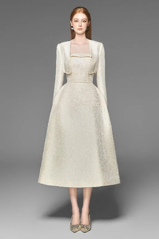 Midi dress for a picnic in the park with a relaxed and comfortable fitLily Strapless Bow Nacre Taffeta Midi Dress