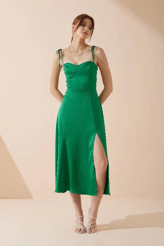 Ruched midi dress for a figure - hugging and flattering fitLivy Green Satin Midi Dress