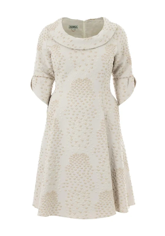 Midi dress for tall women with extra - long lengthsLizabella Dot Embossed Flared Midi Dress, Stone Midi dress for tall women with extra - long lengthsLizabella Dot Embossed Flared Midi Dress, Stone