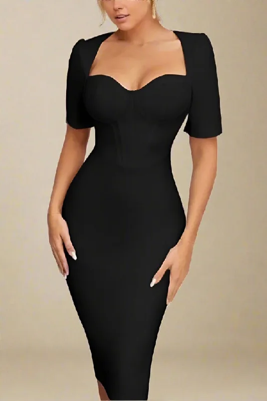 Midi dress for a movie night with a cozy sweater or jacketLola Short Sleeve Bodycon Midi Dress - Classic Black