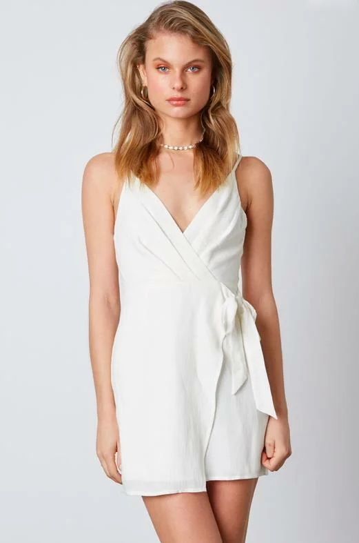 Lace Trimmed Party Dresses with Bow Back for Ladies' Dainty and Feminine LookLove at First Sight White Wrap Mini Dress Lace Trimmed Party Dresses with Bow Back for Ladies' Dainty and Feminine LookLove at First Sight White Wrap Mini Dress