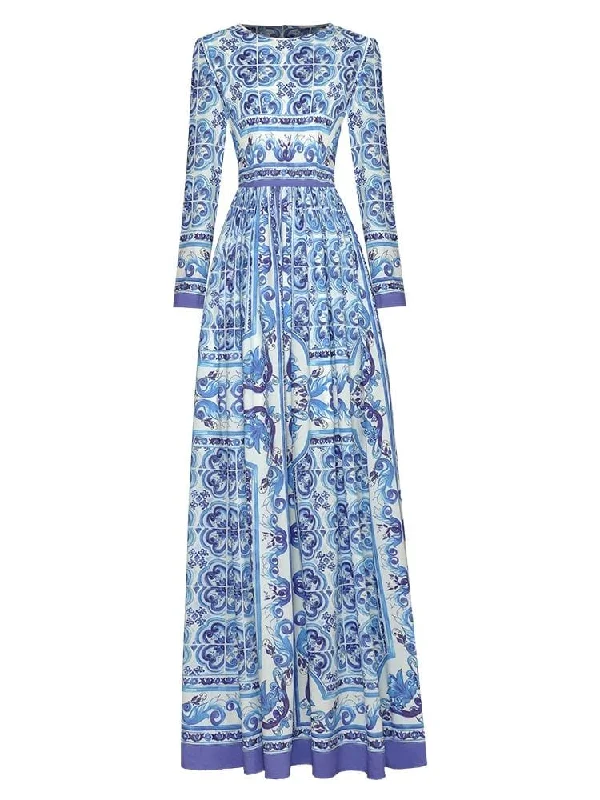 Midi dress for tall women with extra - long lengthsLucy Long Sleeve Print Midi Dress - Blue Print Midi dress for tall women with extra - long lengthsLucy Long Sleeve Print Midi Dress - Blue Print