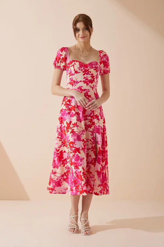 Tea - length midi dress for a classic and elegant lengthMabel Pink Red Floral Sweetheart Midi Dress Tea - length midi dress for a classic and elegant lengthMabel Pink Red Floral Sweetheart Midi Dress