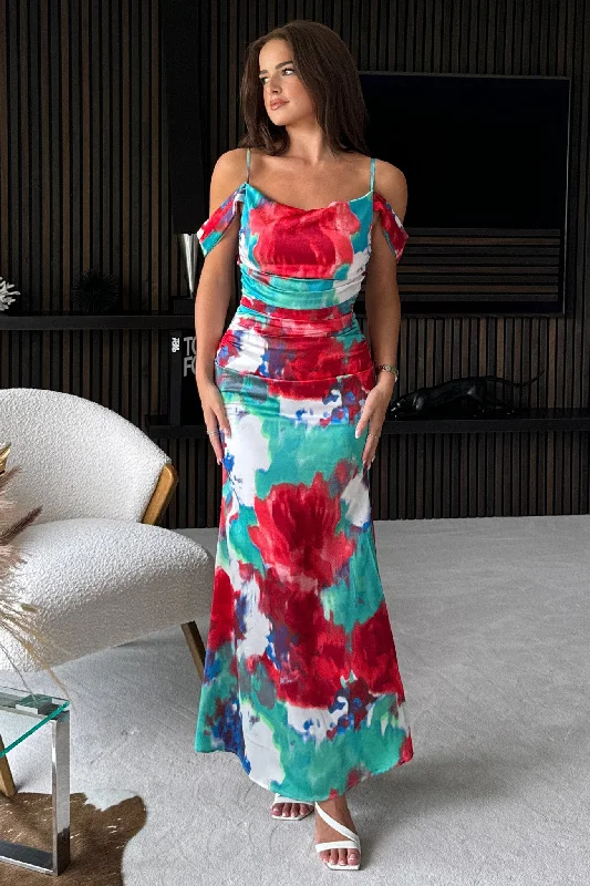 Party Dresses with Satin Trimmed Collar and Ruffled Hem for Ladies' Classic and Girly LookMadeline Mermaid Maxi Dress Red