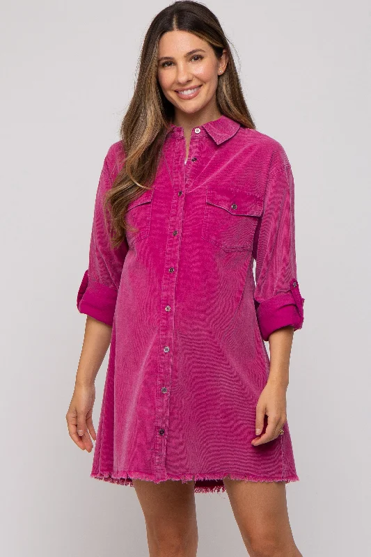 "Homecoming dresses for women to stand out"Magenta Corduroy Button Front Fringe Hem Maternity Dress "Homecoming dresses for women to stand out"Magenta Corduroy Button Front Fringe Hem Maternity Dress