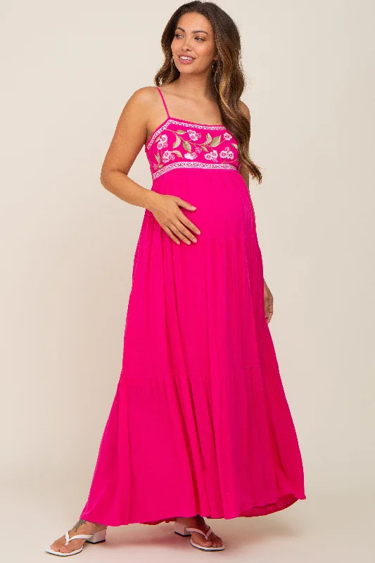 "Homecoming dresses for women to stand out"Magenta Floral Embroidery Maternity Maxi Dress "Homecoming dresses for women to stand out"Magenta Floral Embroidery Maternity Maxi Dress