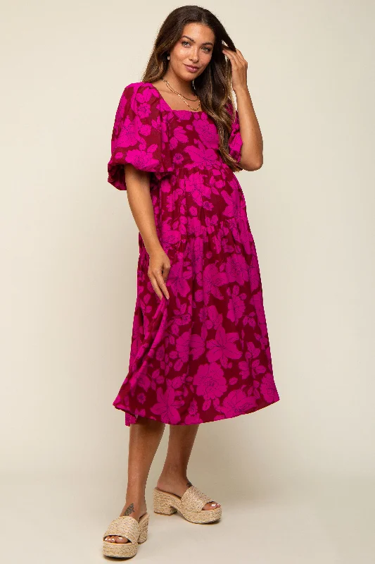 "Midi dresses for women with unique patterns"Magenta Floral Puff Sleeve Tiered Maternity Dress "Midi dresses for women with unique patterns"Magenta Floral Puff Sleeve Tiered Maternity Dress
