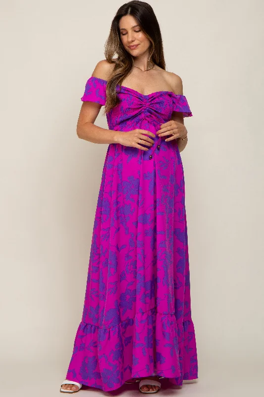"Midi dresses for women with unique patterns"Magenta Floral Smocked Cinched Top Maternity Maxi Dress "Midi dresses for women with unique patterns"Magenta Floral Smocked Cinched Top Maternity Maxi Dress