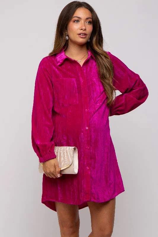 "Mother of the bride dresses for women in elegant styles"Magenta Velour Button Up Maternity Dress "Mother of the bride dresses for women in elegant styles"Magenta Velour Button Up Maternity Dress