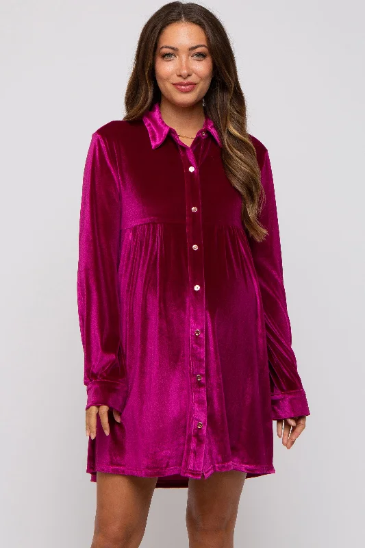 "Elegant wedding guest dresses for women under $100"Magenta Velvet Button Down Maternity Dress "Elegant wedding guest dresses for women under $100"Magenta Velvet Button Down Maternity Dress