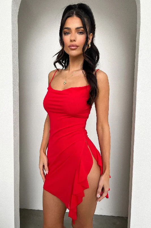 Party Dresses with Lace Insertions on the Skirt and Beaded Waistband and Ruffled Hem for Ladies' Feminine and Flirty LookMariella Dress - Red Party Dresses with Lace Insertions on the Skirt and Beaded Waistband and Ruffled Hem for Ladies' Feminine and Flirty LookMariella Dress - Red