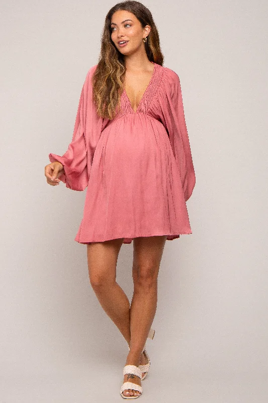 "Beach wedding dresses for women for a laid - back ceremony"Mauve Deep V-Neck Long Sleeve Maternity Dress "Beach wedding dresses for women for a laid - back ceremony"Mauve Deep V-Neck Long Sleeve Maternity Dress