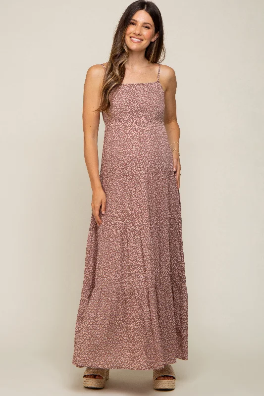 "Bundle and Save: Buy Multiple Women's Dresses and Get a Discount"Mauve Ditsy Floral Tiered Maternity Maxi Dress