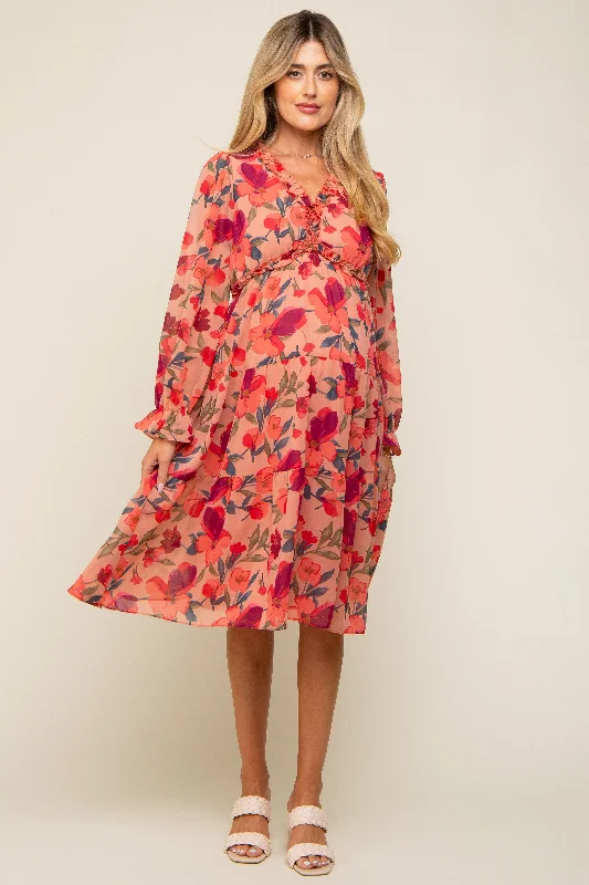 "Exclusive Discount: 30% Off All Women's Dresses for a Limited Period"Mauve Floral Ruffle V-Neck Maternity Dress "Exclusive Discount: 30% Off All Women's Dresses for a Limited Period"Mauve Floral Ruffle V-Neck Maternity Dress