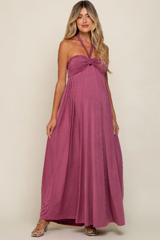 "Hurry! Limited Stock - Get Your Dream Dress with a Special Discount"Mauve Front Knot Halter Maternity Maxi Dress "Hurry! Limited Stock - Get Your Dream Dress with a Special Discount"Mauve Front Knot Halter Maternity Maxi Dress