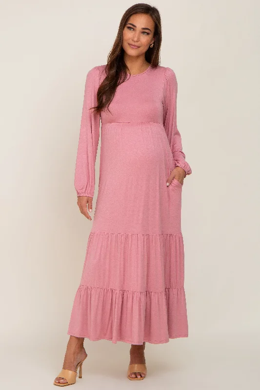 "Sustainable and eco - friendly women's dresses"Mauve Long Sleeve Tiered Maternity Maxi Dress "Sustainable and eco - friendly women's dresses"Mauve Long Sleeve Tiered Maternity Maxi Dress