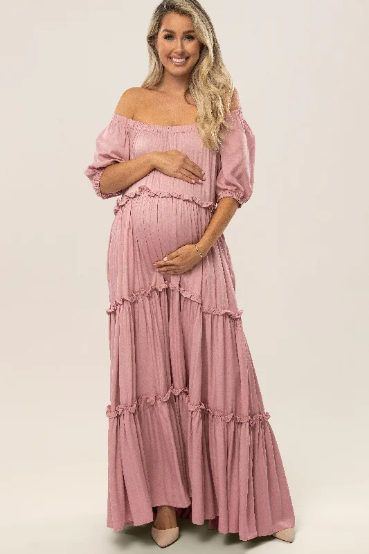 "White dresses for women for a fresh and clean look"Mauve Off Shoulder Ruffle Tiered Maternity Maxi Dress "White dresses for women for a fresh and clean look"Mauve Off Shoulder Ruffle Tiered Maternity Maxi Dress