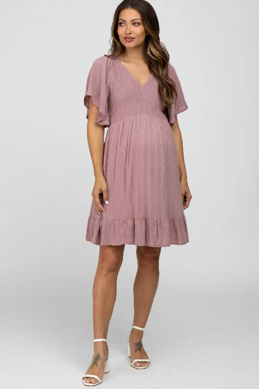 "Bundle and Save: Buy Multiple Women's Dresses and Get a Discount"Mauve Smocked Front Ruffle Hem Maternity Dress