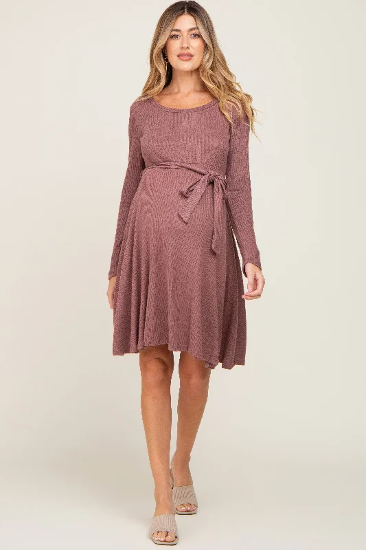 "Bodycon dresses for women to show off curves"Mauve Soft Rib Knit Sash Tie Maternity Dress "Bodycon dresses for women to show off curves"Mauve Soft Rib Knit Sash Tie Maternity Dress