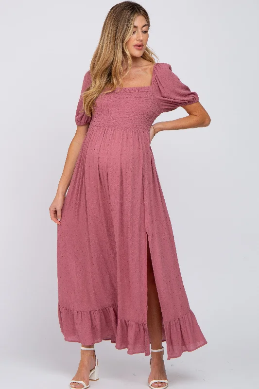 "Bodycon dresses for women to show off curves"Mauve Swiss Dot Square Neck Smocked Maternity Maxi Dress "Bodycon dresses for women to show off curves"Mauve Swiss Dot Square Neck Smocked Maternity Maxi Dress