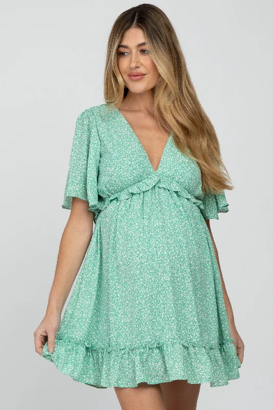 "Buy One, Get One 50% Off on Women's Dresses - Don't Miss Out!"Mint Green Floral Ruffle Accent Cutout Maternity Dress