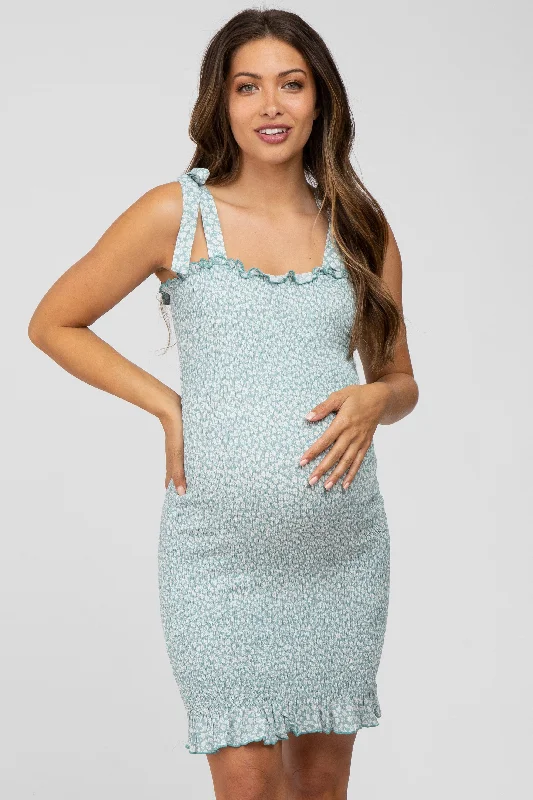 "Plus size wedding dresses for women with a perfect fit"Mint Green Floral Smocked Square Neck Tied Strap Maternity Dress