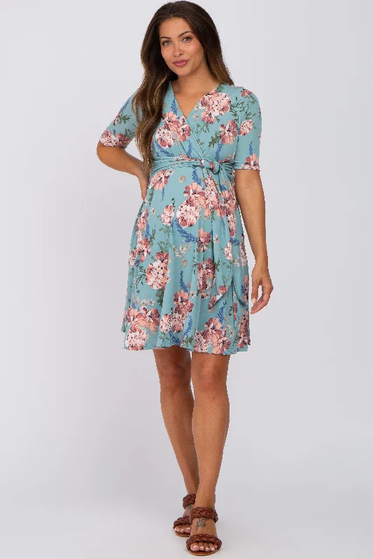 "Animal print dresses for women who love bold styles"Mint Green Floral Waist Tie Maternity Dress "Animal print dresses for women who love bold styles"Mint Green Floral Waist Tie Maternity Dress