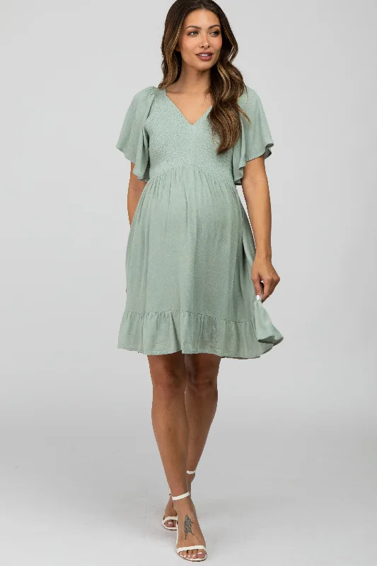 "VIP Sale: Extra 15% Off on Women's Dresses for Our Loyal Customers"Mint Green Smocked Front Ruffle Hem Maternity Dress