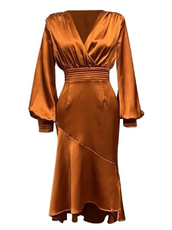 Drawstring - waist midi dress for a customizable and comfortable fitMira V Neck Long Sleeve Midi Dress - Tan