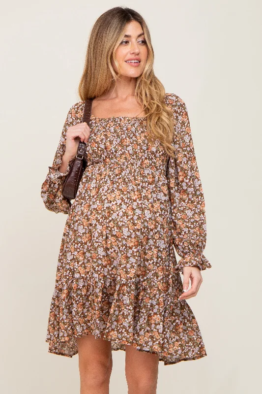"Short dresses for women for a night out clubbing"Mocha Floral Smocked Square Neck Maternity Dress