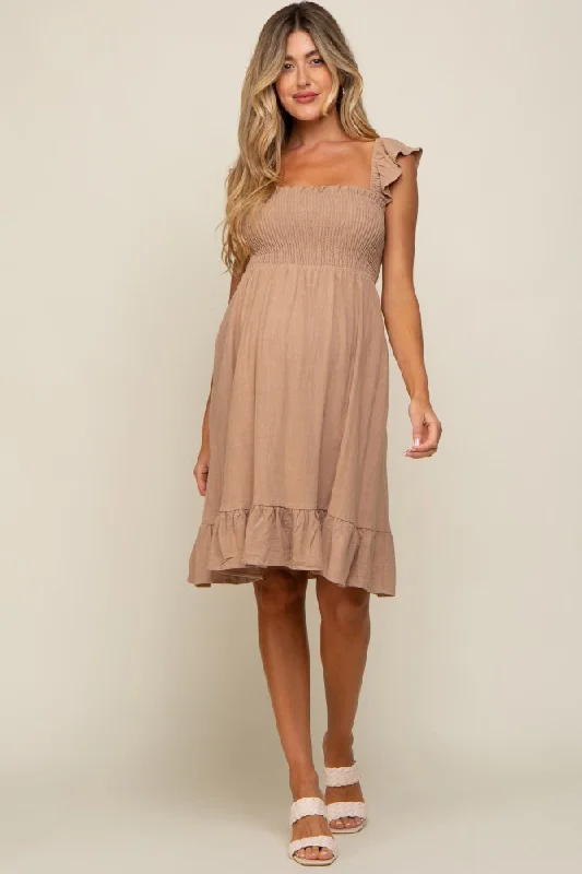 "Trendy casual dresses for women to wear at the beach"Mocha Linen Sleeveless Smocked Maternity Dress "Trendy casual dresses for women to wear at the beach"Mocha Linen Sleeveless Smocked Maternity Dress