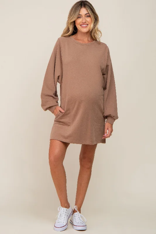 "Striped dresses for women with a classic touch"Mocha Ultra Soft Maternity Sweatshirt Dress "Striped dresses for women with a classic touch"Mocha Ultra Soft Maternity Sweatshirt Dress