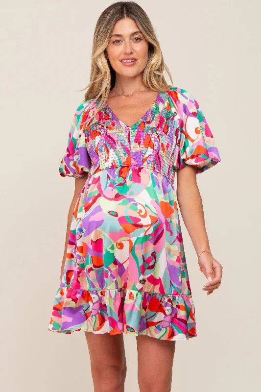 "Designer - inspired women's evening dresses"Multi-Color Satin Smocked V-Neck Maternity Dress "Designer - inspired women's evening dresses"Multi-Color Satin Smocked V-Neck Maternity Dress
