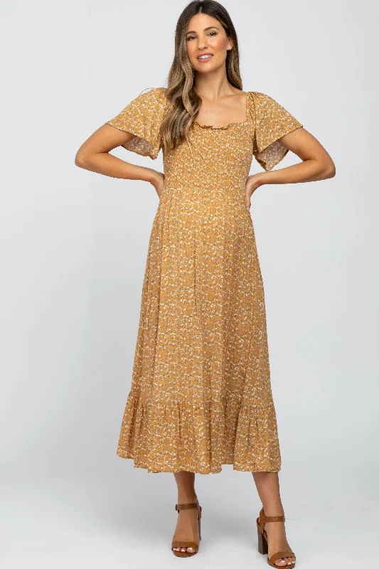 "Boho wedding dresses for women for a free - spirited vibe"Mustard Floral Smocked Maternity Maxi Dress "Boho wedding dresses for women for a free - spirited vibe"Mustard Floral Smocked Maternity Maxi Dress