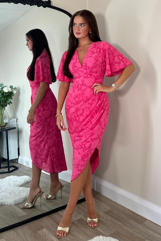 Polka - dot midi dress for a cute and retro lookNatasha Angel Sleeve Wrap Midi Dress Pink