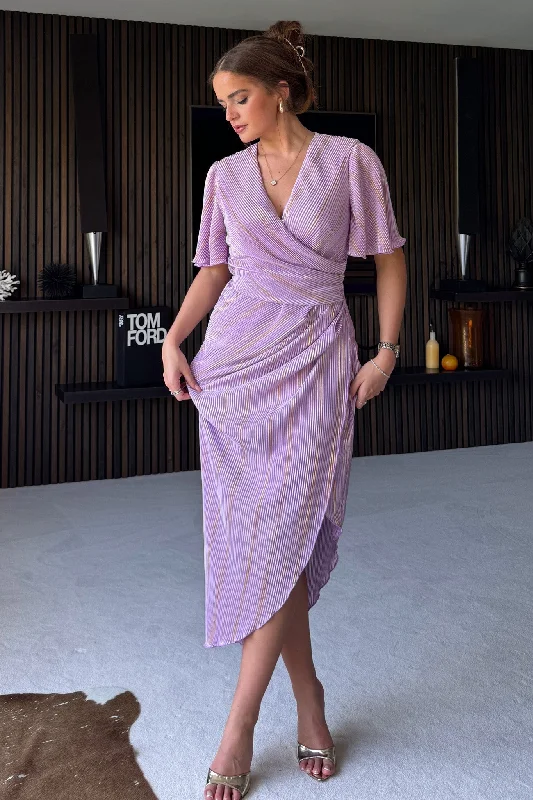 Ruffled - sleeve midi dress for a charming and playful lookNatasha Lilac Metallic Angel Sleeve Wrap Midi Dress