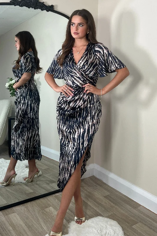 Retro - style 60s midi dress with a mod - inspired designNatasha Navy Angel Sleeve Wrap Midi Dress