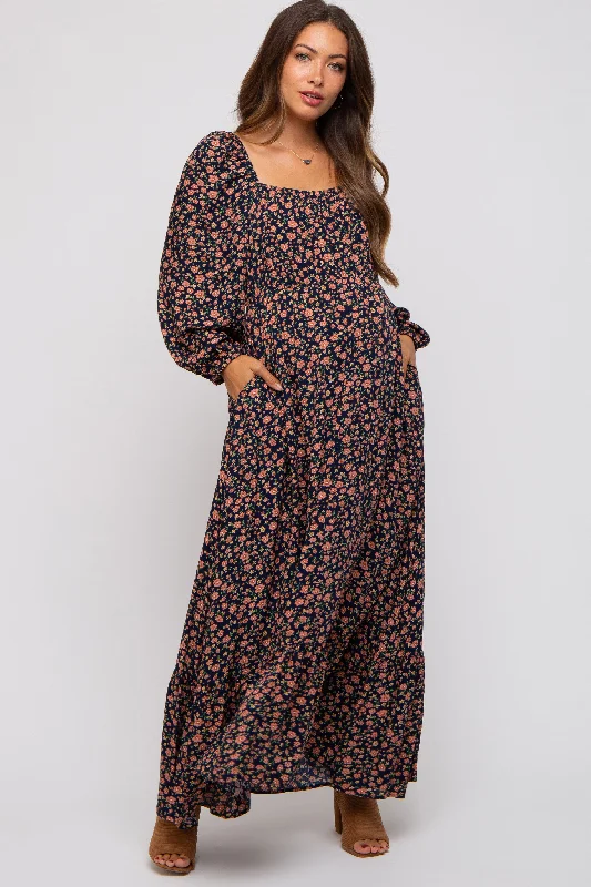 "Short dresses for women for a night out clubbing"Navy Blue Floral Square Neck Ruffle Maternity Maxi Dress