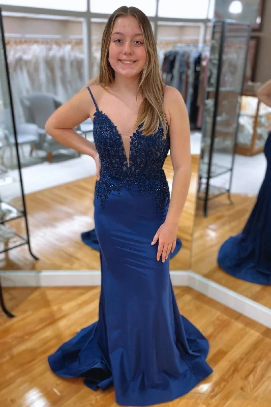 Long Party Dresses with Train for Ladies' Red Carpet EventsNavy Blue Mermaid V Neckline Rhinestone Long Prom Dress PSK402 Long Party Dresses with Train for Ladies' Red Carpet EventsNavy Blue Mermaid V Neckline Rhinestone Long Prom Dress PSK402