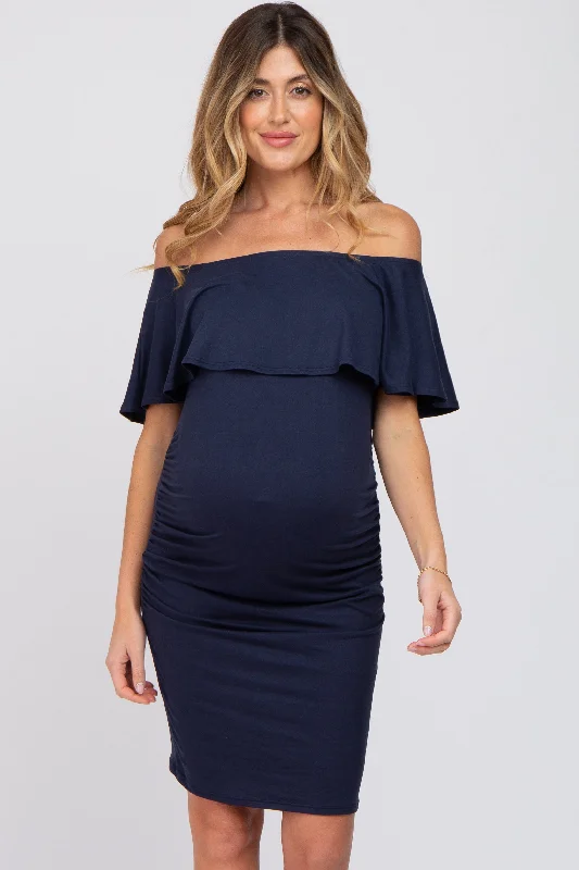 "Smart casual dresses for women for work - to - weekend transitions"Navy Blue Off Shoulder Fitted Maternity Dress