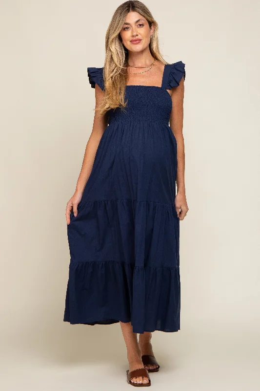 "Short dresses for women for a night out clubbing"Navy Blue Sleeveless Tiered Maternity Maxi Dress