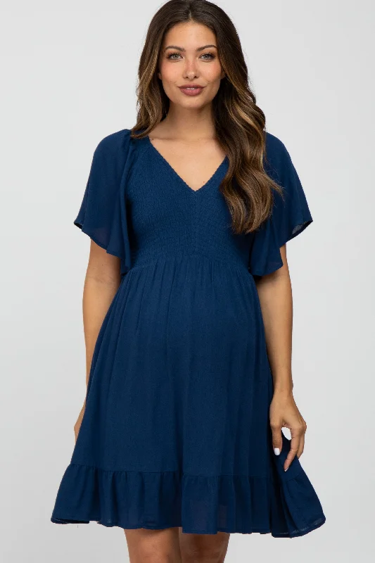 "New Arrivals Discount: 20% Off on Latest Women's Dress Collections"Navy Blue Smocked Front Ruffle Hem Maternity Dress