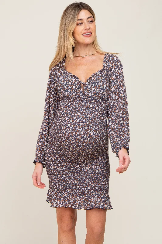 "Comfortable maternity dresses for pregnant women"Navy Floral Print Long Sleeve Smocked Maternity Dress "Comfortable maternity dresses for pregnant women"Navy Floral Print Long Sleeve Smocked Maternity Dress