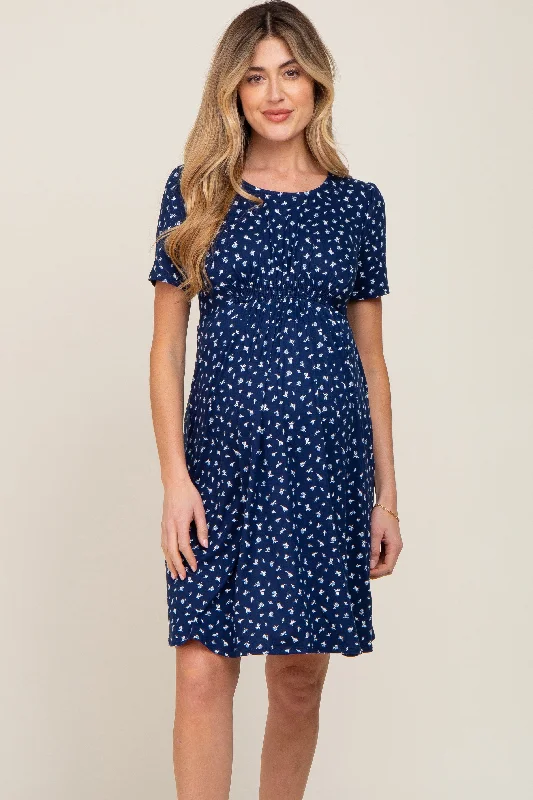 "Boho wedding dresses for women for a free - spirited vibe"Navy Floral Smocked Short Sleeve Maternity Dress "Boho wedding dresses for women for a free - spirited vibe"Navy Floral Smocked Short Sleeve Maternity Dress