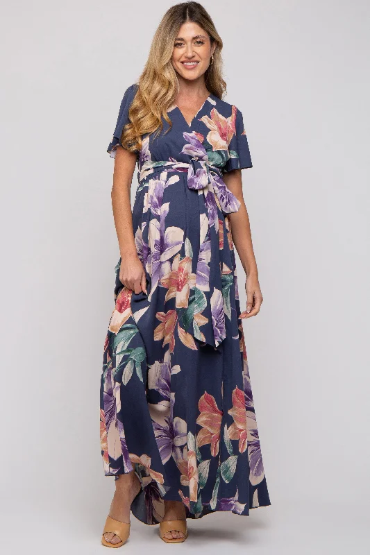 "Plus size formal dresses for women for special events"Navy Floral Wrap V-Neck Maternity Maxi Dress "Plus size formal dresses for women for special events"Navy Floral Wrap V-Neck Maternity Maxi Dress