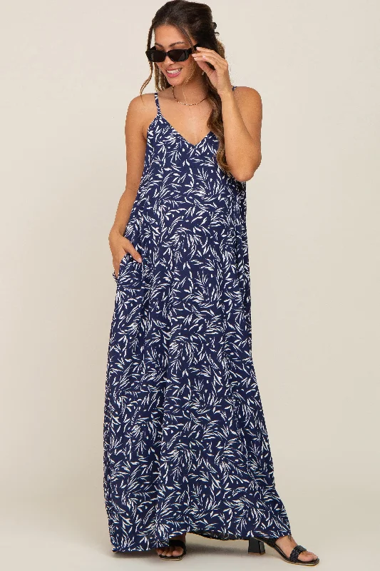 "Shirt dresses for women for a smart - casual style"Navy Leaf Print Double V-Neck Maternity Maxi Dress "Shirt dresses for women for a smart - casual style"Navy Leaf Print Double V-Neck Maternity Maxi Dress