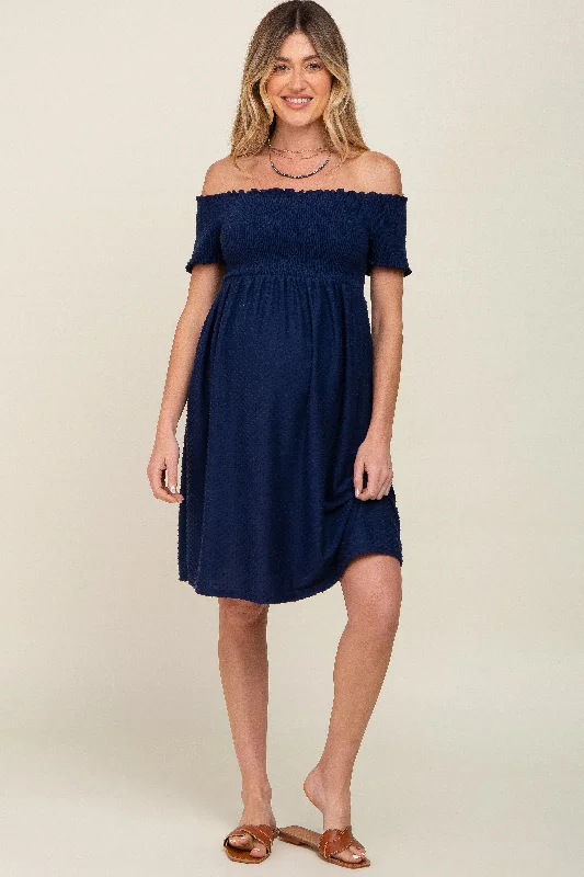 "Wrap dresses for women for an adjustable fit"Navy Swiss Dot Off Shoulder Maternity Dress "Wrap dresses for women for an adjustable fit"Navy Swiss Dot Off Shoulder Maternity Dress