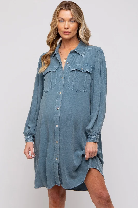 "Midi dresses for women with unique patterns"Navy Vintage Wash Maternity Shirt Dress "Midi dresses for women with unique patterns"Navy Vintage Wash Maternity Shirt Dress